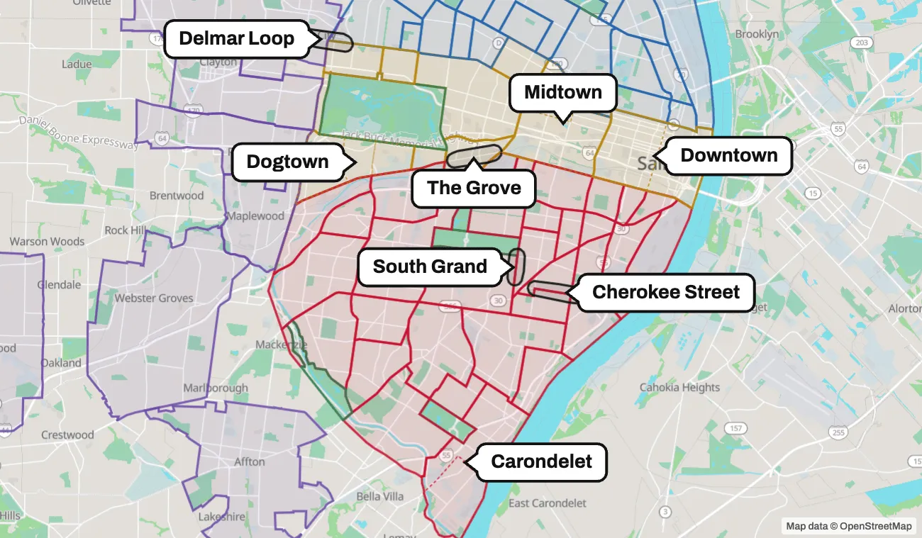 A few St. Louis neighborhoods and districts